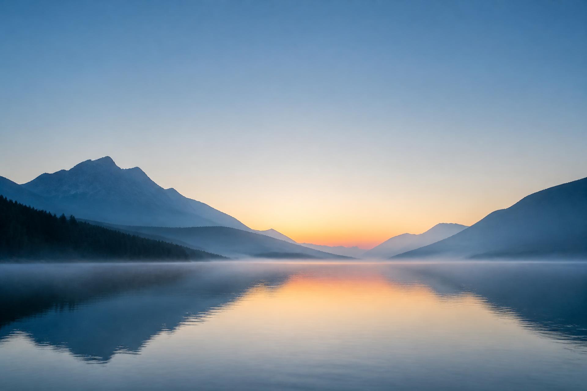 Amanhecer sereno sobre um lago tranquilo entre montanhas